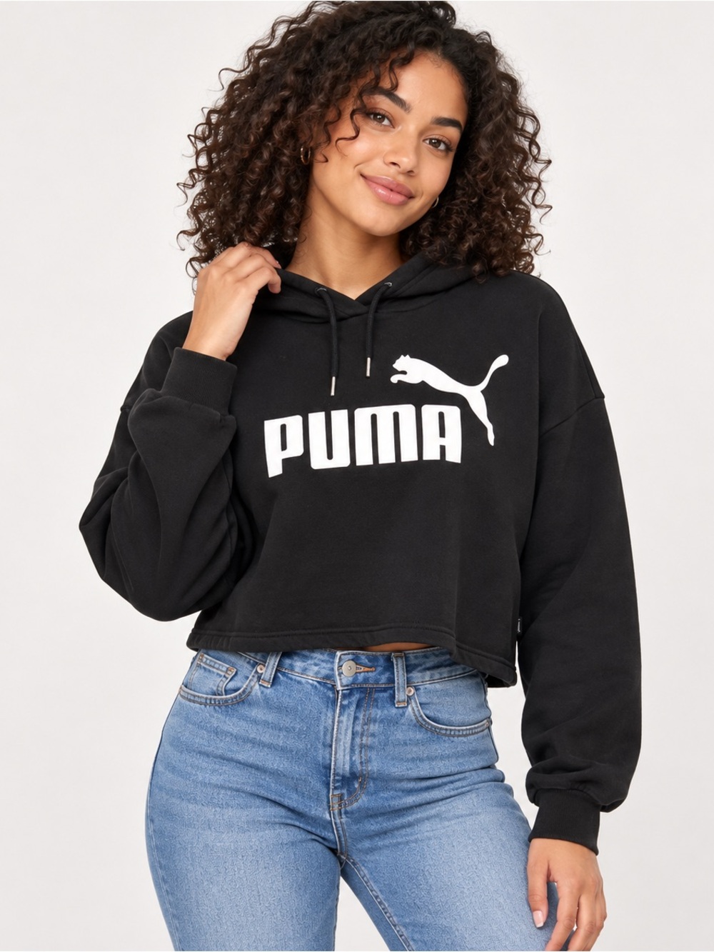 Puma Black Cropped Logo Hoodie with White Print